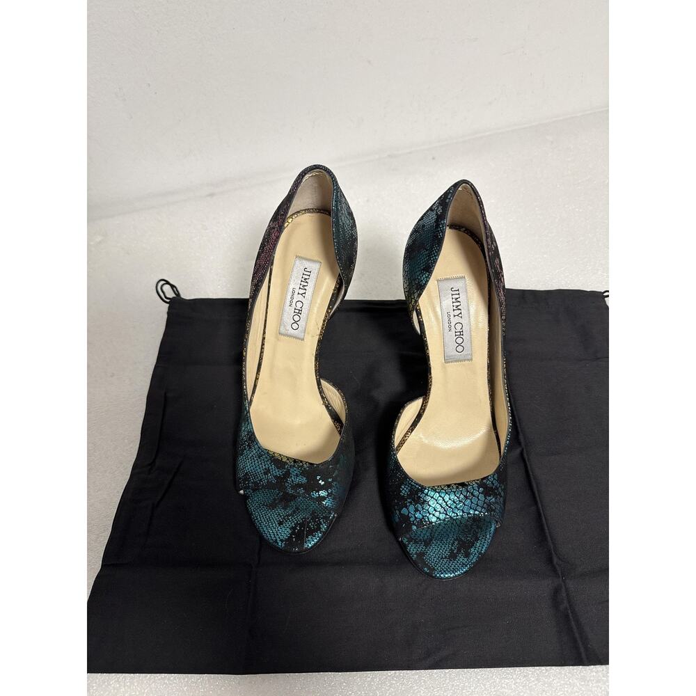 Jimmy Choo Shoes Womens Size 37.5 Multicolor Snakeskin Peep Toe Heels Made Italy